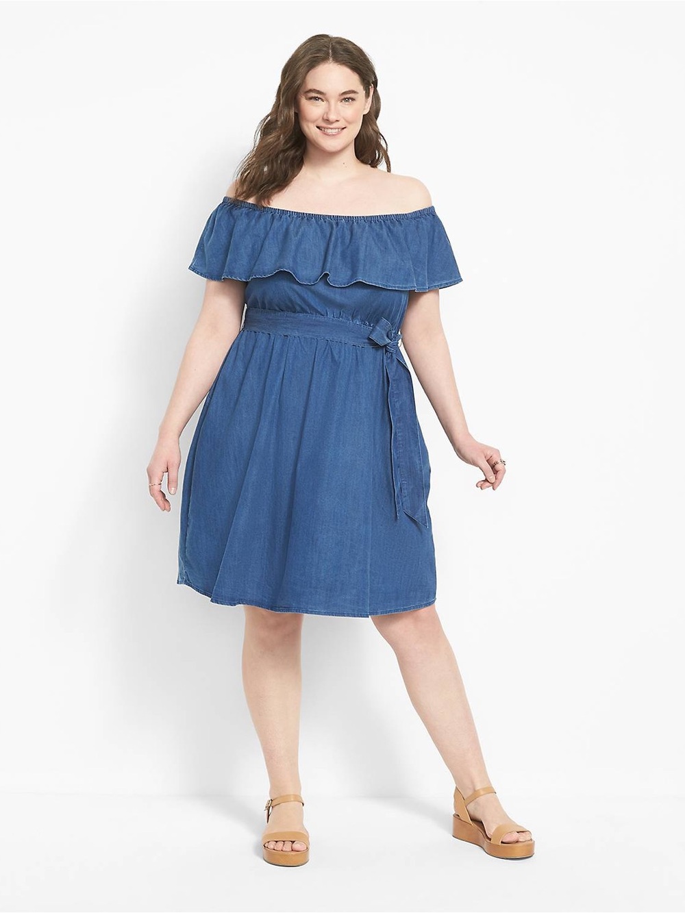 Lane Bryant Convertible Off Shoulder Chambray Fit Flare Dress Blue Plus Size